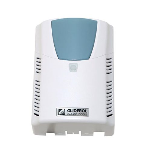 Gliderol Garage Door Opener Control Panel – Product Shot Front-facing product image of the Gliderol garage door opener control panel, featuring a white casing with a blue-grey cover and ventilation slots. Designed for automated roller garage doors to provide secure and reliable door control By SAMT Garage & Gate Automation in Prestons, New South Wales, Australia.