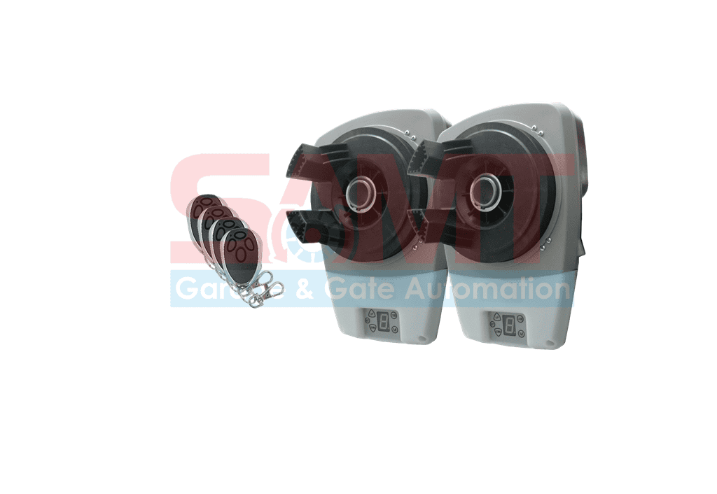 Pair of SAMT automatic roller door motors with four remotes, suited for garage door services in Prestons, Australia.