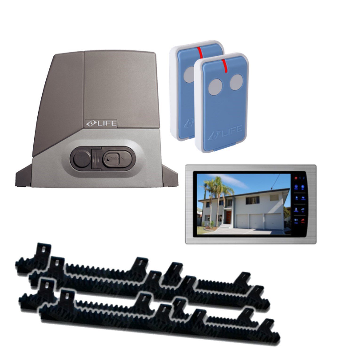 Life brand automatic sliding gate opener kit with two blue remote controls, video intercom, and gear racks in Prestons, New South Wales, Australia"