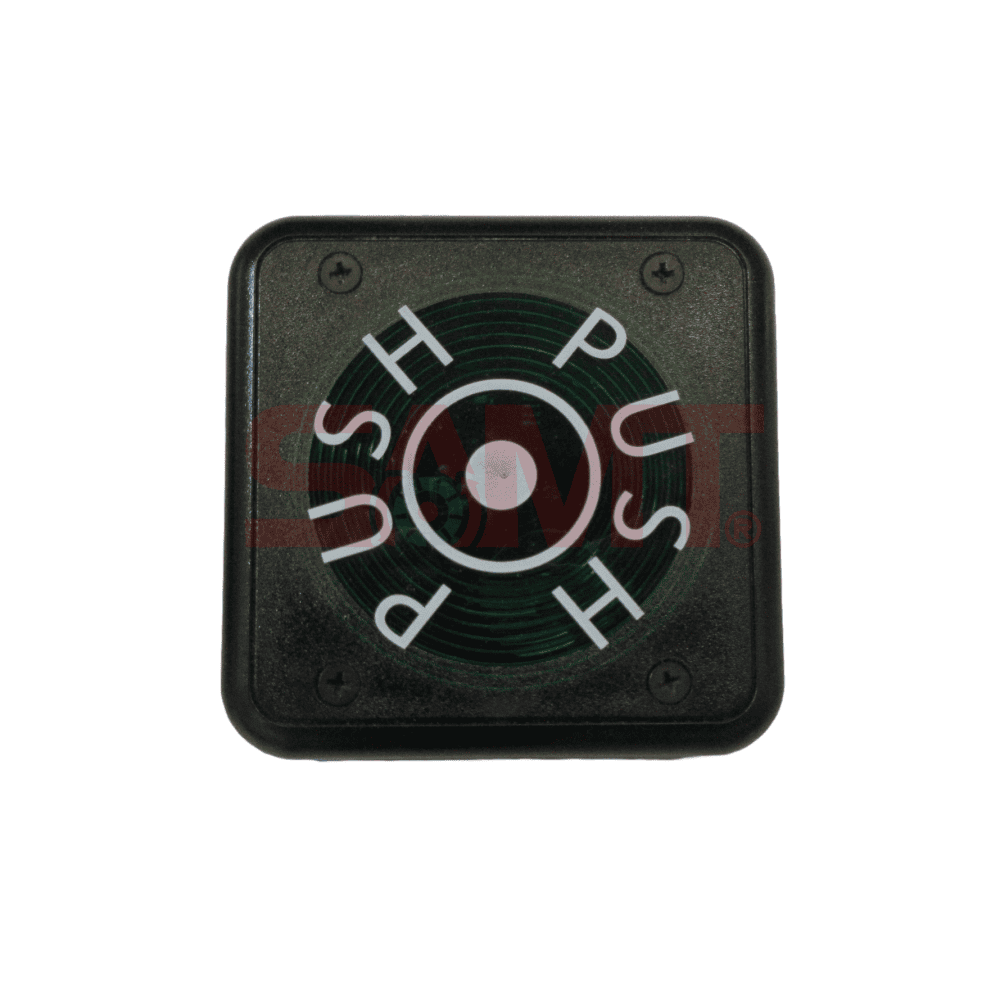 Illuminated push button access switch for automatic garage door or gate entry by SAMT, Prestons, New South Wales, Australia.