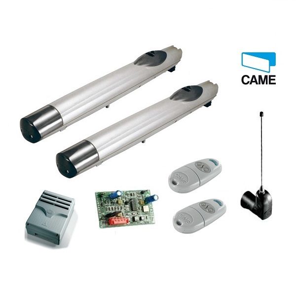 CAME double swing gate motor kit with control unit, remote controls, and receiver, ideal for garage door opener systems in Australia.