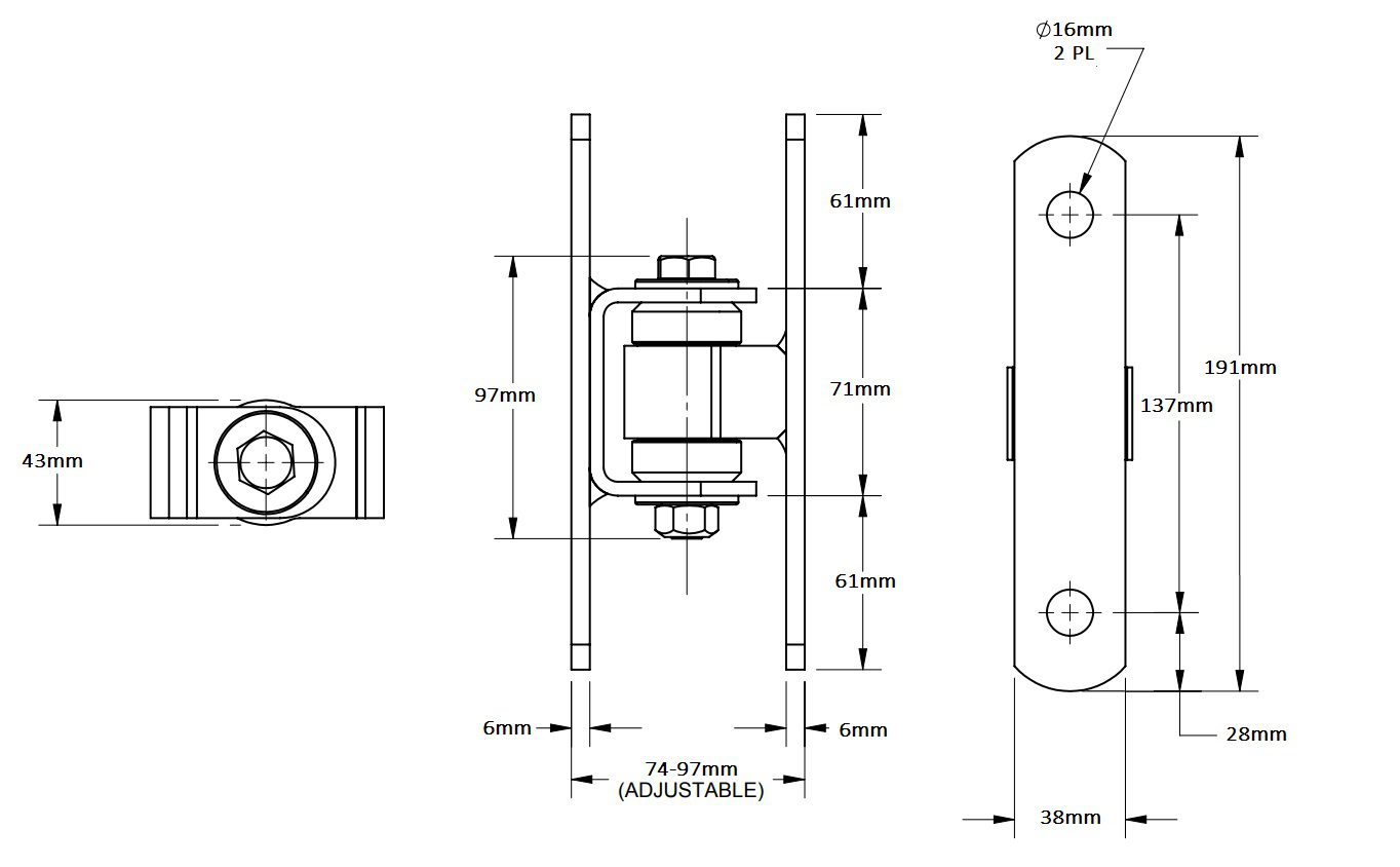 Galvanized adjustable swing gate hinge for motorized swing gates, SAMT Garage & Gate Automation, Prestons, New South Wales.
