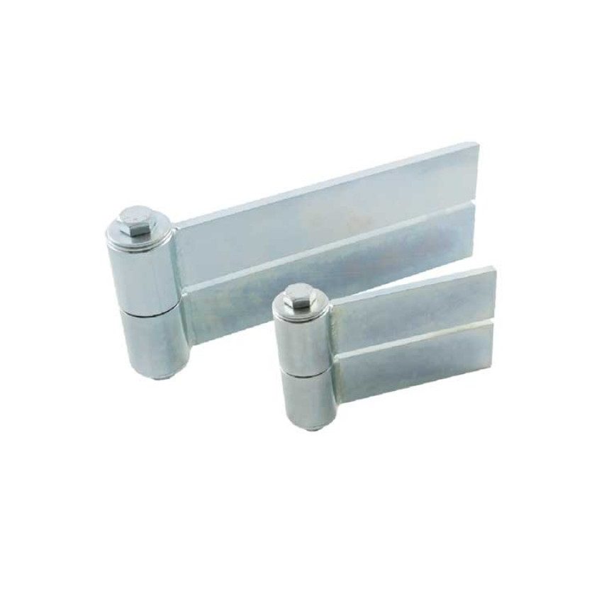Pair of different size weld-on gate hinges for automatic gate motors, supplied by SAMT, Prestons, New South Wales.