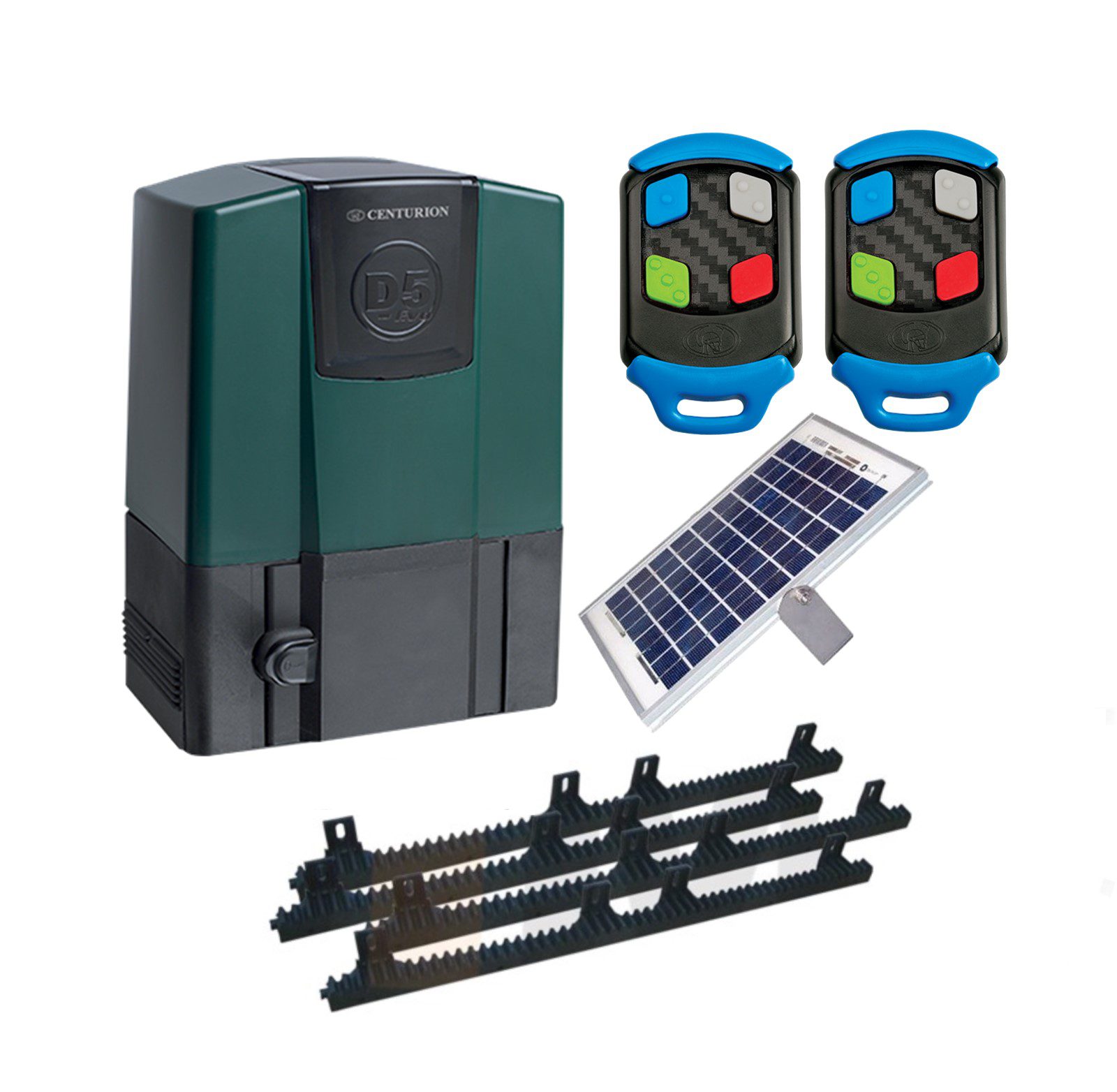 Centurion D5 gate motor kit with two remote controls, gear racks, and a solar panel in Prestons, New South Wales, Australia