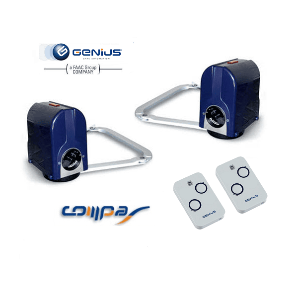 GENIUS Compas articulated swing gate motor set with two remote controls, ideal for secure swing gate automation in Prestons, New South Wales, Australia.