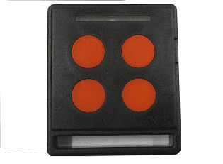 Four-button black garage door remote control with orange buttons, compatible for use in Australia by SAMT Garage & Gate Automation, Prestons.