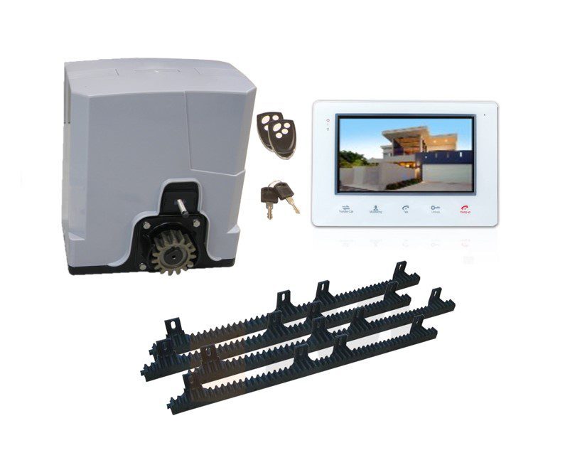 Sliding gate motor kit with rack gears, remotes, and video monitor, in Prestons, New South Wales, Australia.
