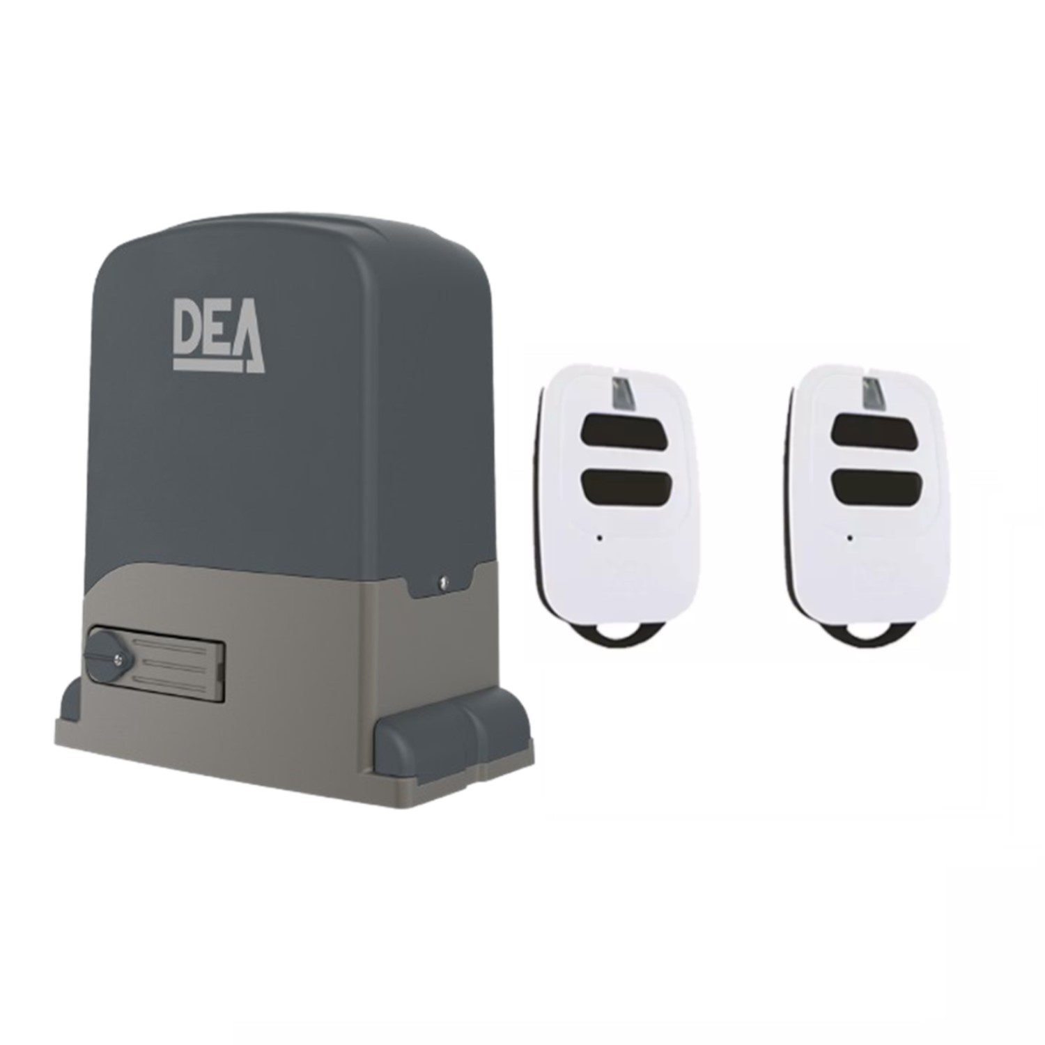 DEA sliding gate motor kit with two remotes, isolated on white, in Prestons, New South Wales, Australia.