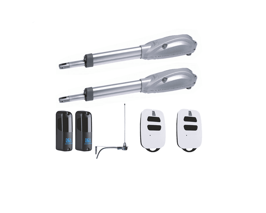 Twin DEA automatic swing gate motors with photocell sensors, remotes, and antenna from SAMT Garage & Gate Automation, Prestons, New South Wales, Australia.
