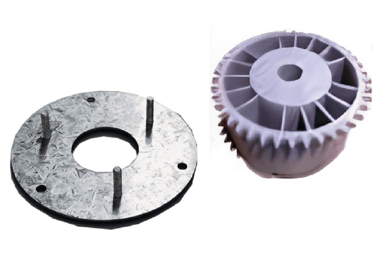 Roller garage door drum wheel and galvanized fixing plate set, suitable for automatic garage doors by SAMT Garage & Gate Automation, Prestons, New South Wales, Australia.
