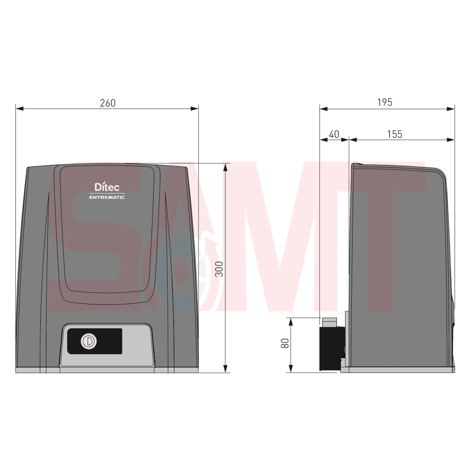 Ditec sliding gate motor technical diagram with measurements by SAMT Garage & Gate Automation, Prestons, New South Wales, Australia.