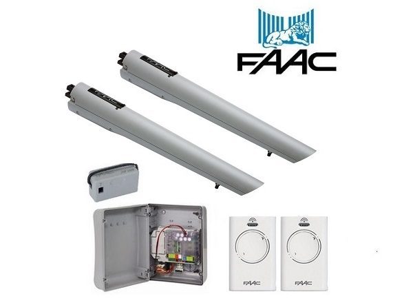 FAAC dual arm swing gate motor kit with control box and remotes, ideal for motorized swing gate installations in Australia