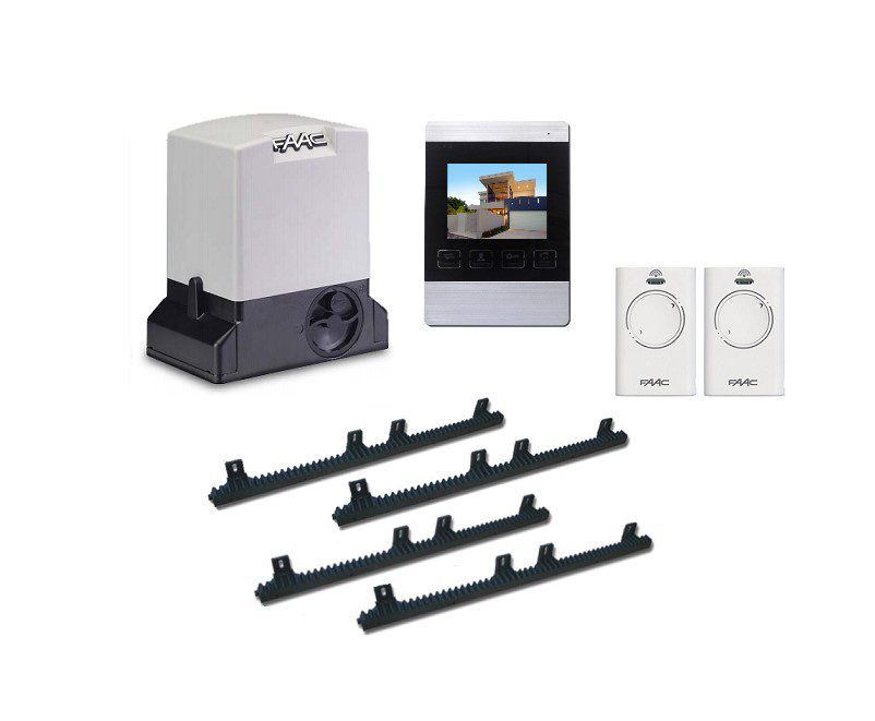 FAAC automatic sliding gate motor kit with gear racks, video intercom, and two sensor units in Prestons, New South Wales, Australia"
