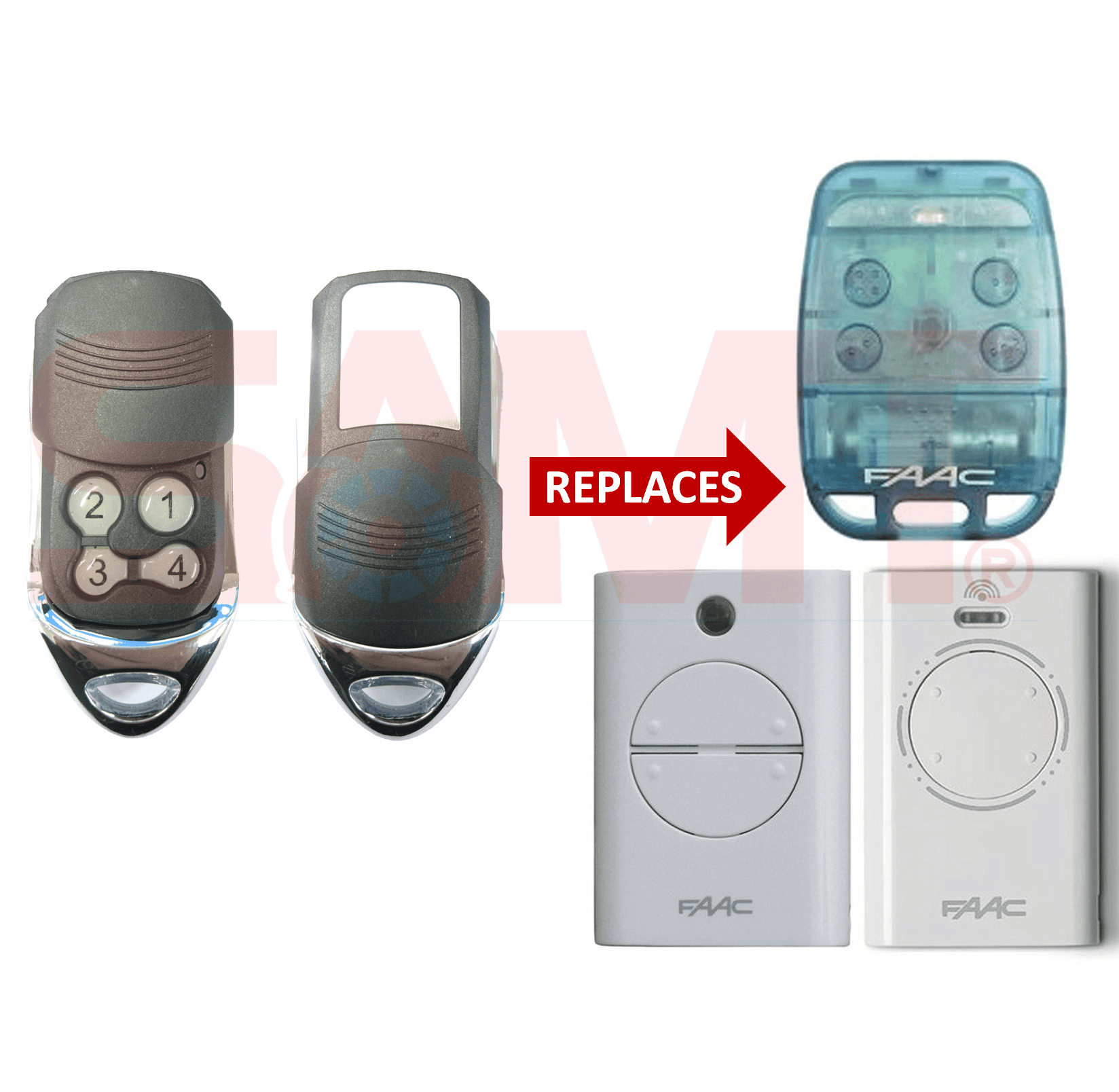 Four-button FAAC compatible garage door remote replaces FAAC models, SAMT Garage & Gate Automation, Australia.