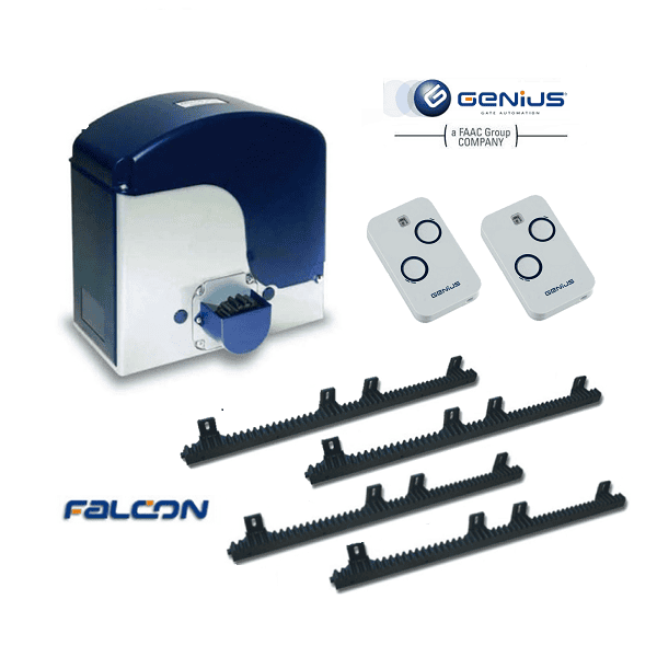 GENIUS Falcon sliding gate motor kit with rack and two remote controls for automatic gate motor installation in Prestons, New South Wales, Australia.