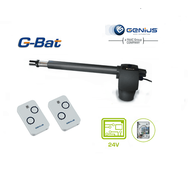 GENIUS G-Bat swing gate motor kit with two remote controls and 24V automation, perfect for automatic gate installer use in Prestons, New South Wales, Australia.