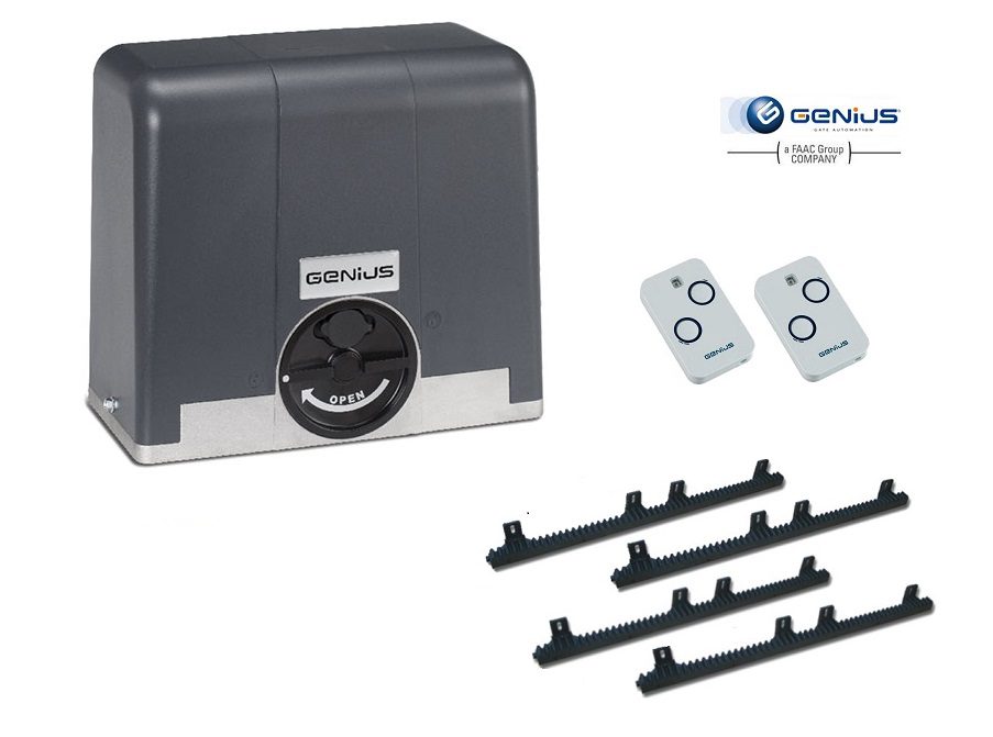 Genius sliding gate motor kit with remote controls and racks for automatic gates, SAMT Garage & Gate Automation, Australia.
