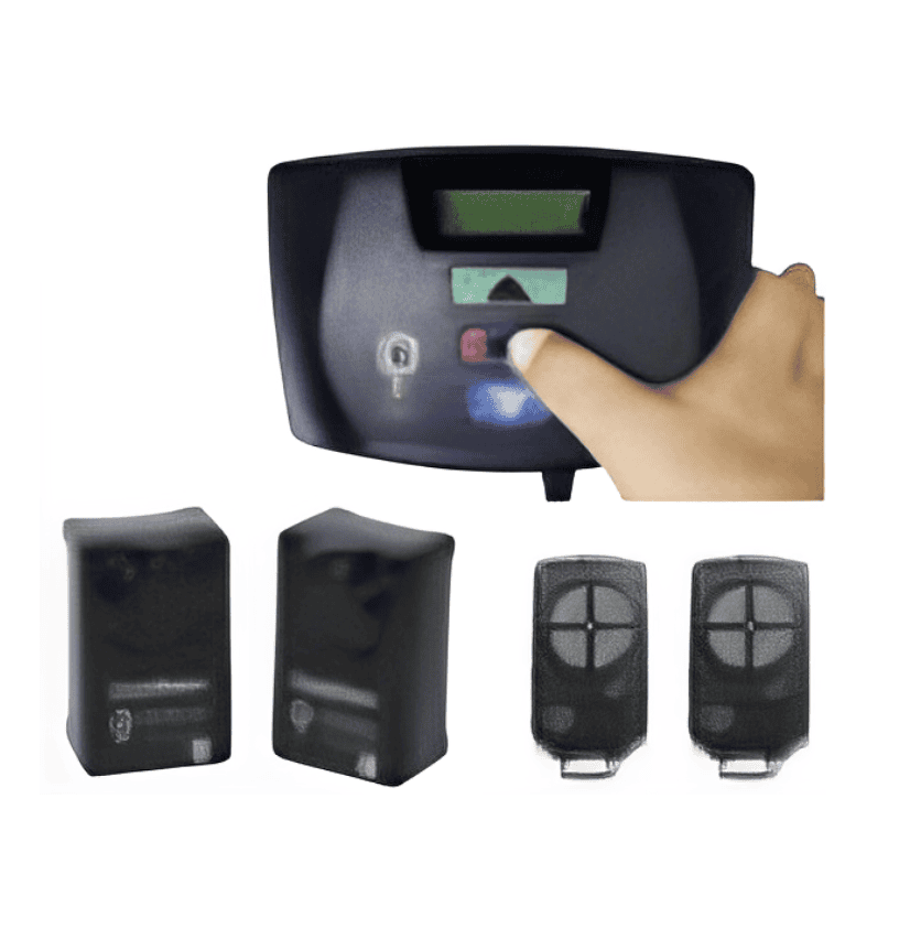 Automatic gate opener control panel kit with safety sensors and remote controls from SAMT Garage & Gate Automation, Prestons, New South Wales, Australia.
