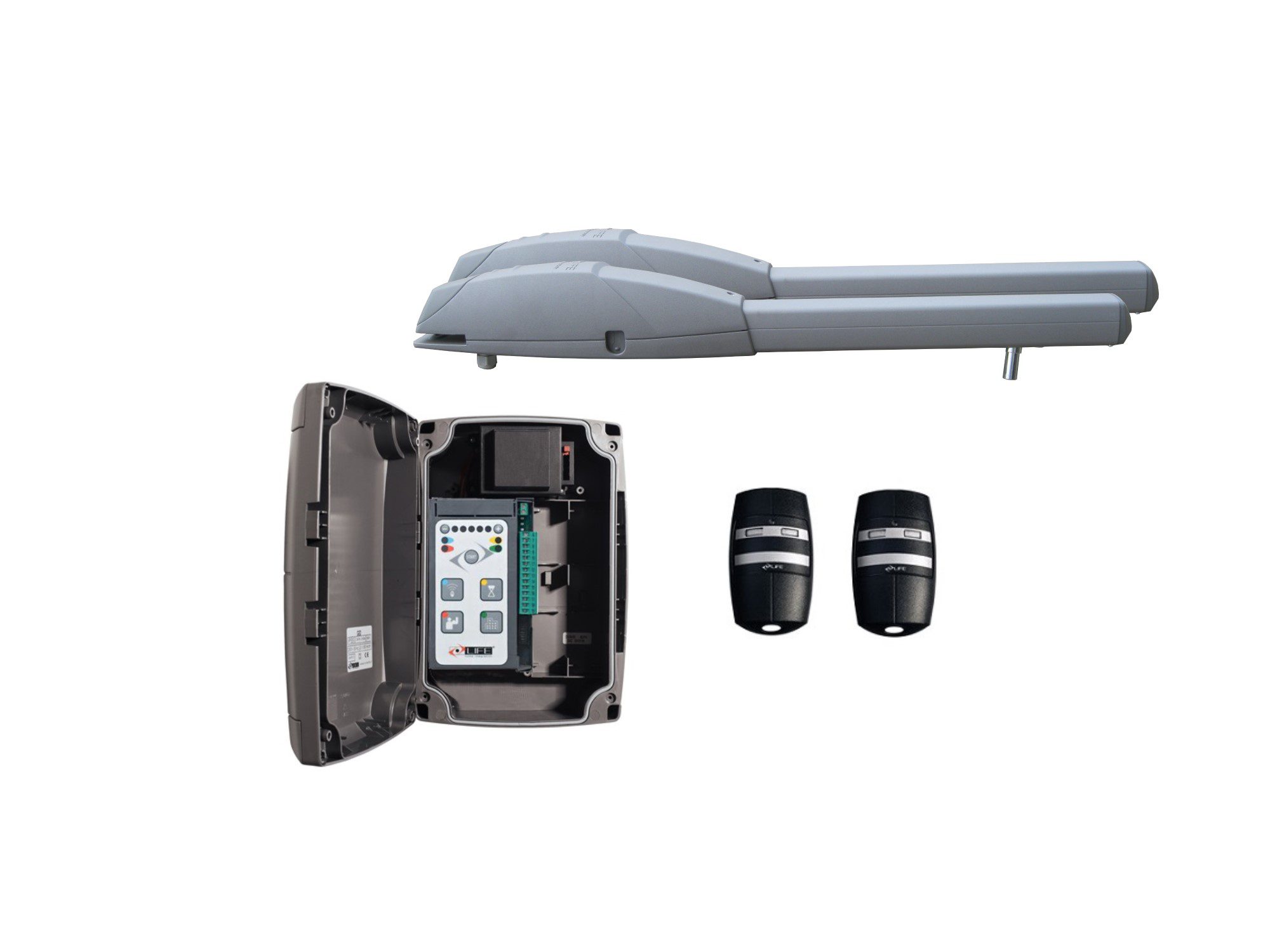 Double-arm swing gate opener kit with remotes and control box, in Prestons, New South Wales, Australia.