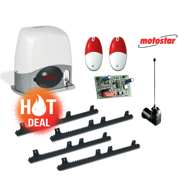 Motostar Linestar sliding gate motor kit with rack, two remotes, and receiver, great for automatic gate opener installs in Prestons, New South Wales, Australia.