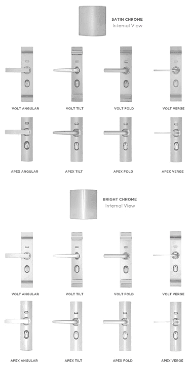 Satin and bright chrome internal door handles range for contemporary garage doors, available from SAMT in Prestons, New South Wales, Australia.