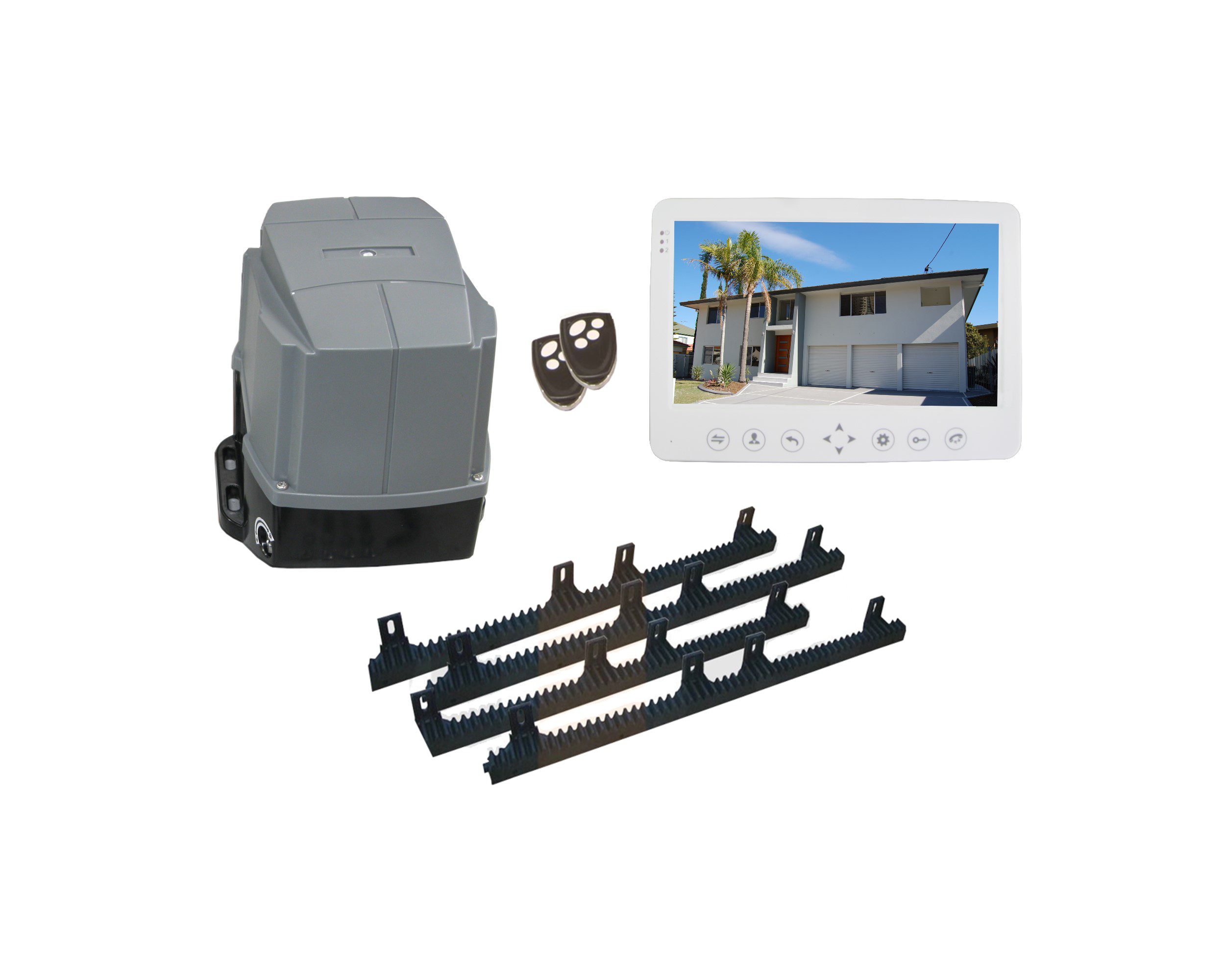 Automatic sliding gate motor kit with control unit, two remote controls, rack gears, and video intercom display in Prestons, New South Wales, Australia"
