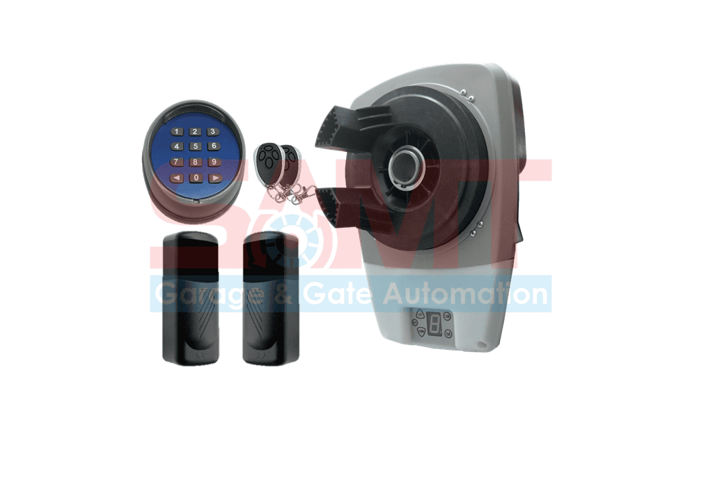 SAMT smart garage door opener kit including keypad, sensors, and remote in Australia for automatic garage door solutions.