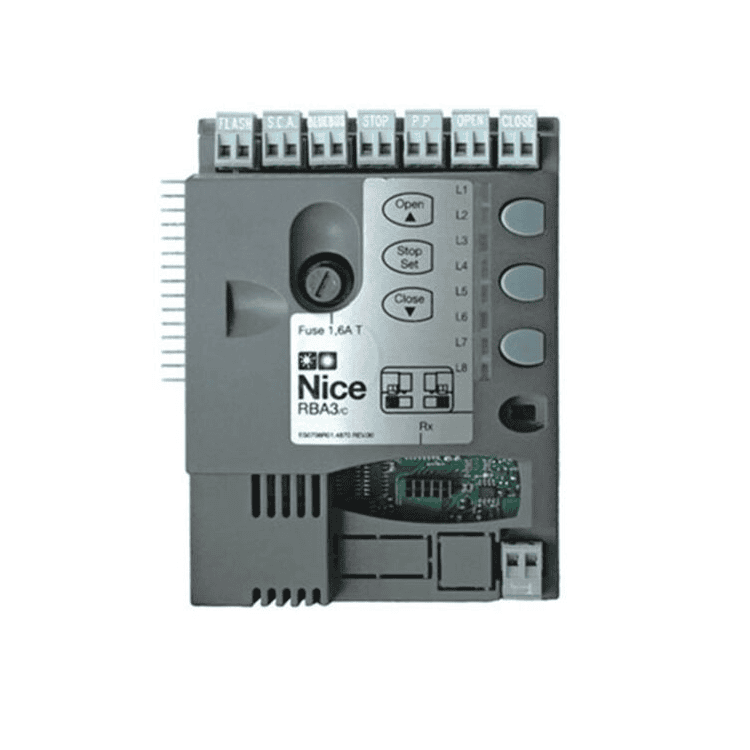 Nice RBA3 control board for sliding gate or automatic garage door motors by SAMT Garage & Gate Automation, Prestons, New South Wales, Australia.