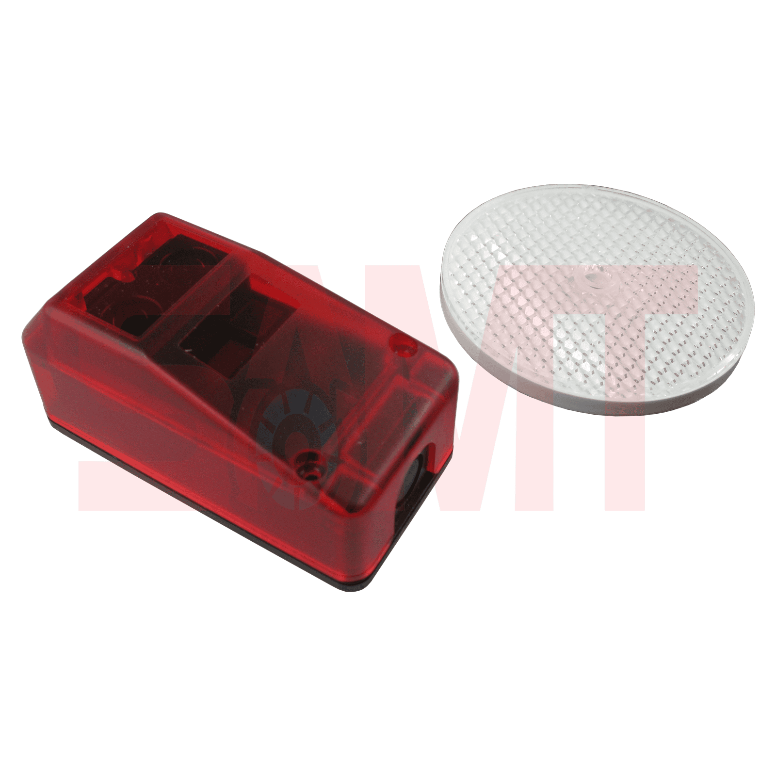 Red reflective sensor for automatic garage door opener at SAMT Garage & Gate Automation, Prestons, New South Wales, Australia.