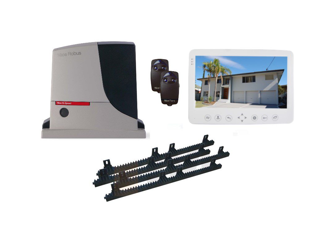 Nice Robus gate motor kit with two remote controls, rack gears, and an intercom display in Prestons, New South Wales, Australia
