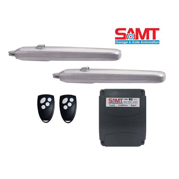 Motorized swing gate kit by SAMT Garage & Gate Automation, featuring two gate arms and remote controls for homes in Prestons, Australia.