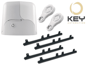 SAMT sliding gate motor kit with two white remotes and gear racks, for automatic gate opener in Prestons, New South Wales.