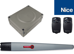 Nice automatic swing gate opener kit with control box and remotes, from SAMT Garage & Gate Automation, available in Prestons, Australia.