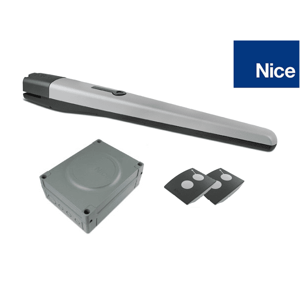 NICE gate automation kit with swing gate motor, control unit, and remotes, offered in Australia by SAMT Garage & Gate Automation.