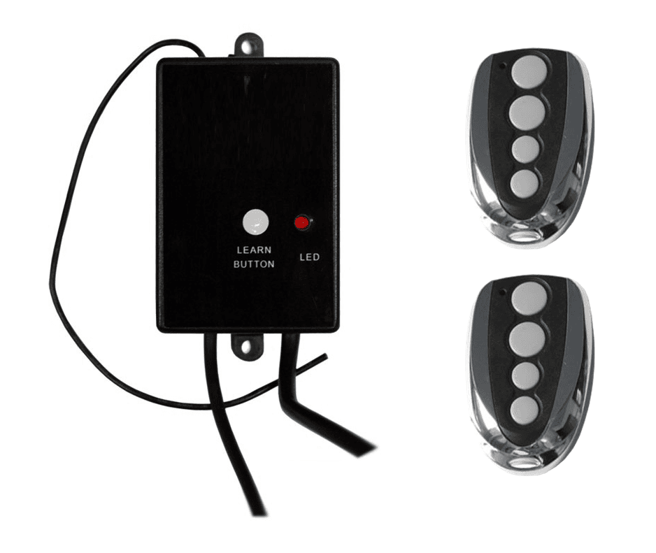 Black universal receiver kit with two four-button remotes for garage door opener, smart garage door opener by SAMT, Prestons, New South Wales.