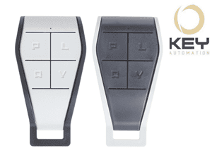 Pair of Key Automation four-button garage door remotes compatible with automatic garage door opener systems in Australia, SAMT, Prestons, New South Wales.