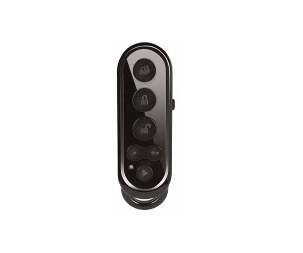 Black oval garage door remote control with five buttons for secure access by SAMT Garage & Gate Automation, NSW.