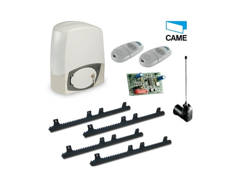 CAME sliding gate motor kit with rack, remote controls, and receiver, suitable for automatic gate motor installations in Australia.