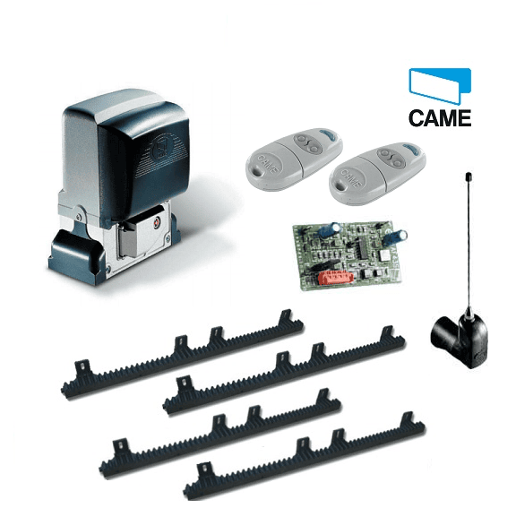 CAME sliding gate motor kit with rack, remotes, receiver, and control board for automatic gate motor installation in Prestons, New South Wales, Australia.