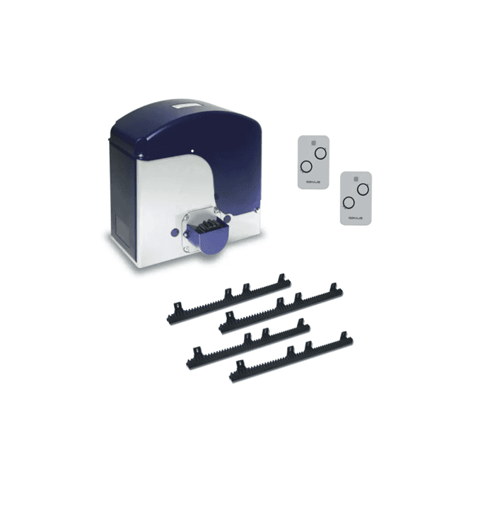 Genius sliding gate motor kit with racks and remotes for automatic gate installation by SAMT in Prestons, New South Wales, Australia.