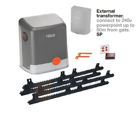 Nice sliding gate motor kit with photocell sensors, racks, and remotes for automatic gate systems, SAMT Garage & Gate Automation, Prestons, New South Wales, Australia.