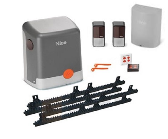 Nice sliding gate motor kit with photocell sensors, racks, and remotes for automatic gate systems, SAMT Garage & Gate Automation, Prestons, New South Wales, Australia.