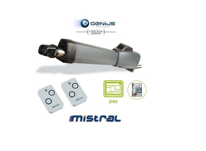 GENIUS Mistral swing gate motor with dual remote controls, perfect for automatic gate opener systems in Australia.