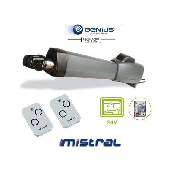 GENIUS Mistral swing gate motor with dual remote controls, perfect for automatic gate opener systems in Australia.