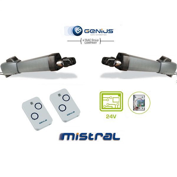 GENIUS Mistral dual swing gate motor kit with remote controls for automatic garage door opener installations in Australia.