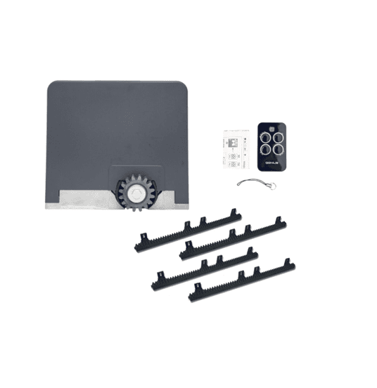 Genius automatic gate motor kit with four rack pieces and remote from SAMT in Prestons, New South Wales, Australia.
