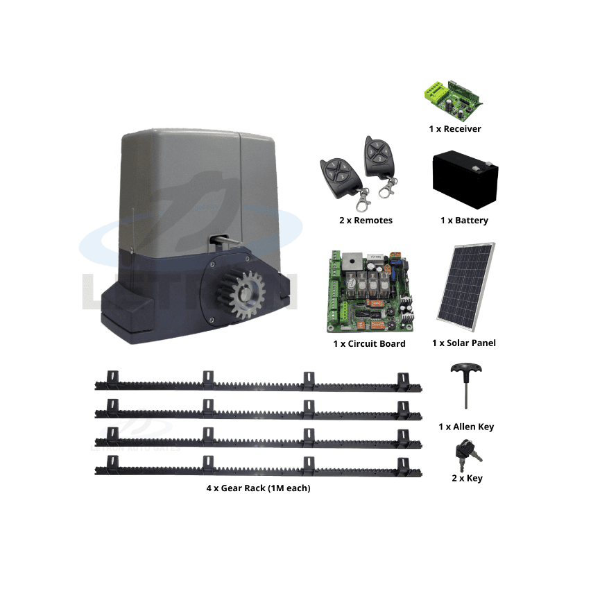 Sliding gate motor kit with solar panel and remotes from SAMT Garage & Gate Automation, Prestons, New South Wales, Australia.