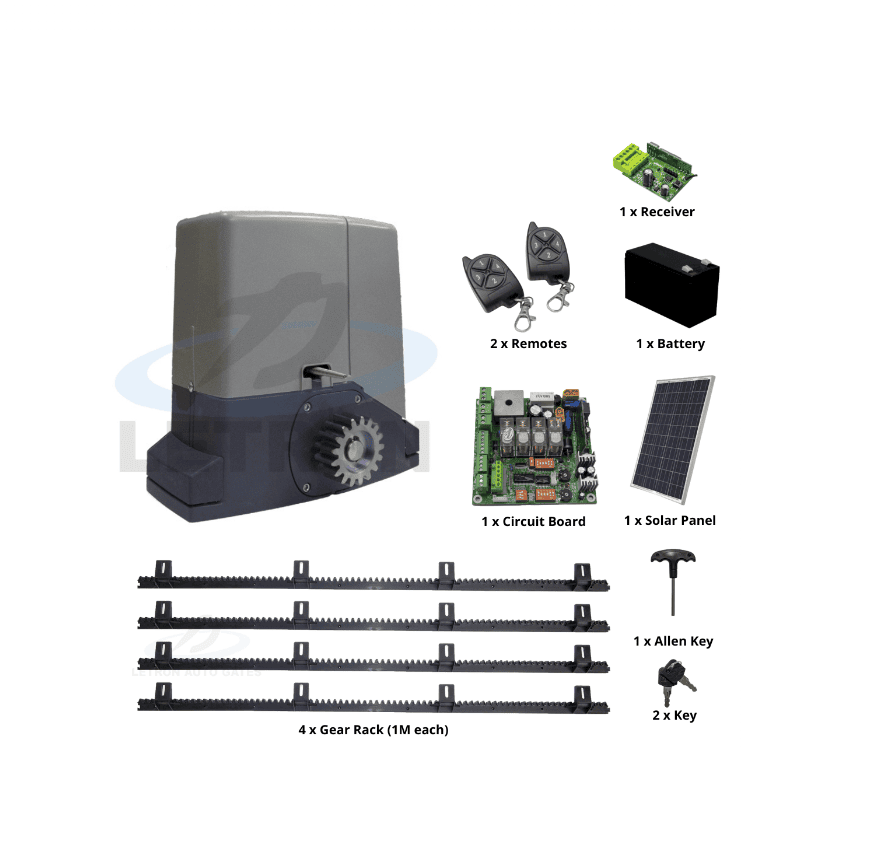 Sliding gate motor kit with solar panel and remotes from SAMT Garage & Gate Automation, Prestons, New South Wales, Australia.