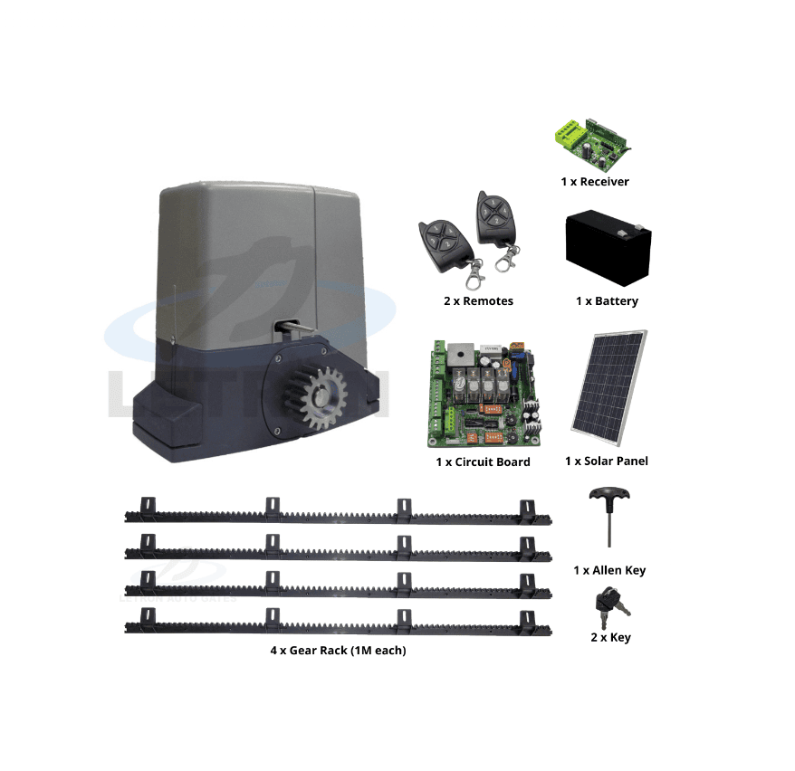 Sliding gate motor kit with solar panel and remotes from SAMT Garage & Gate Automation, Prestons, New South Wales, Australia.