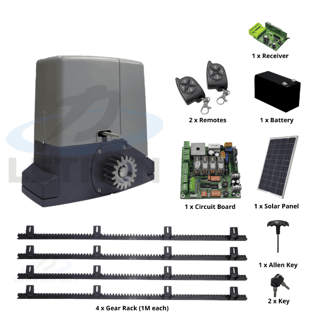 Sliding gate motor kit with solar panel and remotes from SAMT Garage & Gate Automation, Prestons, New South Wales, Australia.